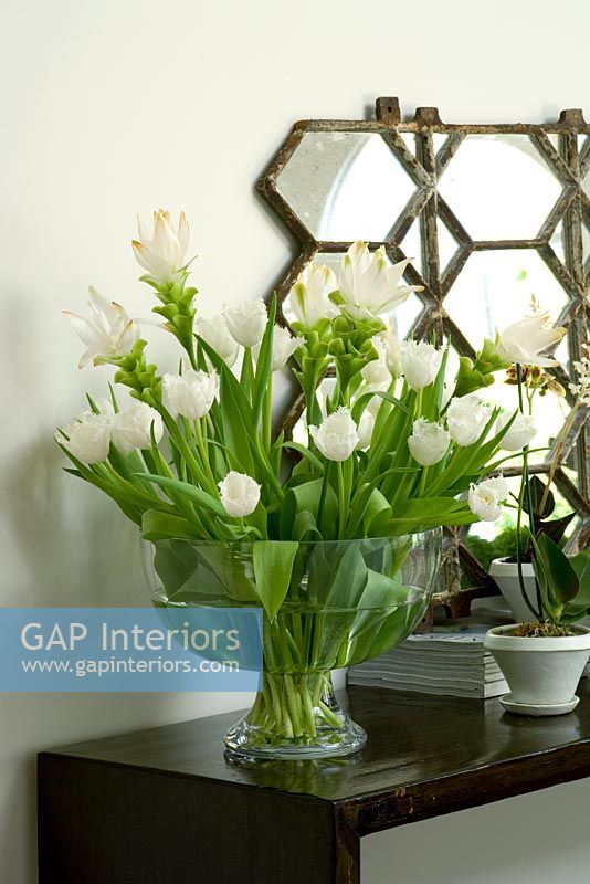 Tulipes blanches et gingembre dans un vase en verre