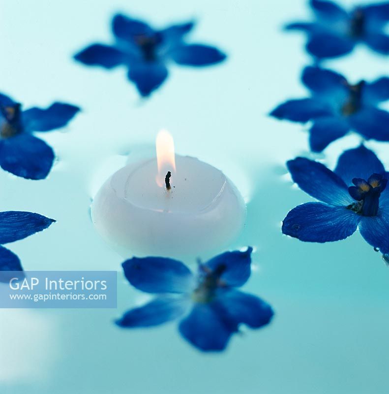 Bougie lumineuse flottant sur l'eau avec des fleurs bleues