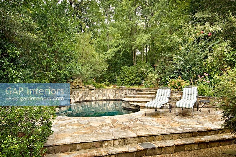 Vue sur piscine avec patio en pierre et verdure