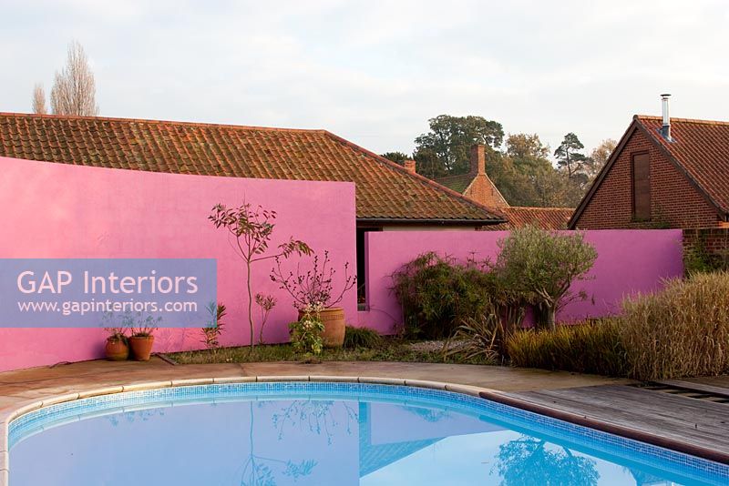 Jardin contemporain avec mur incurvé peint en rose vif