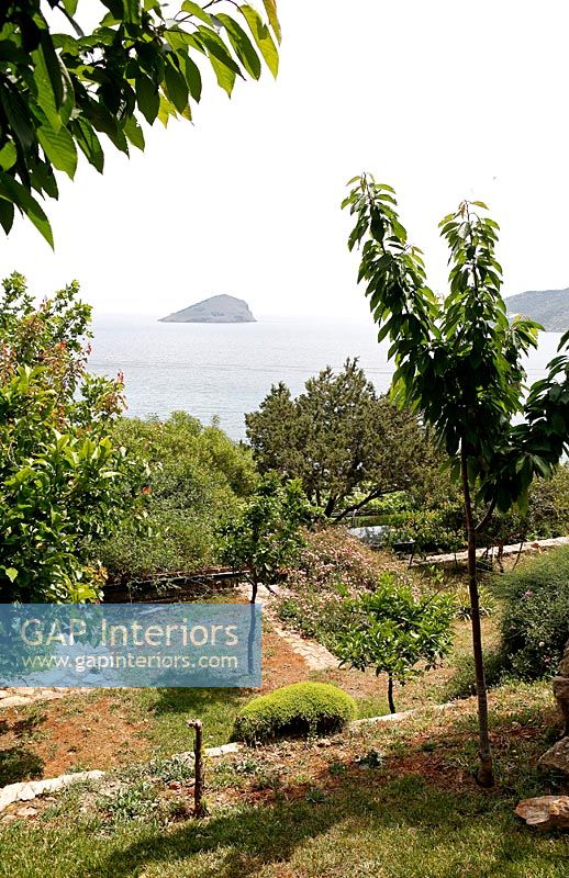 Jardin en terrasse grec avec vue sur la mer