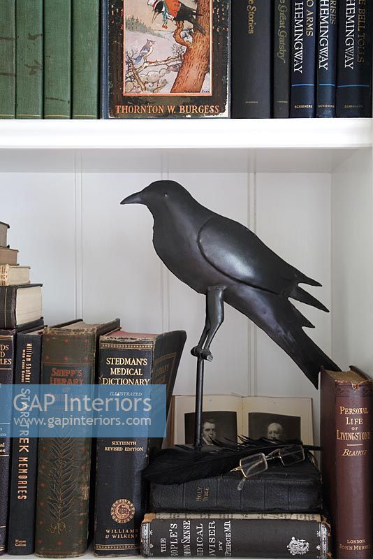 Détail de la bibliothèque avec sculpture de corbeau