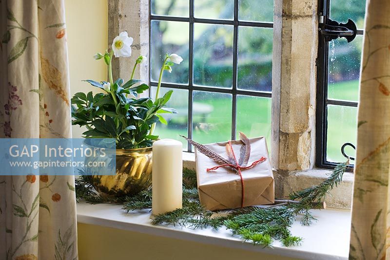 Appui de fenêtre avec hellébore en pot et décorations de Noël