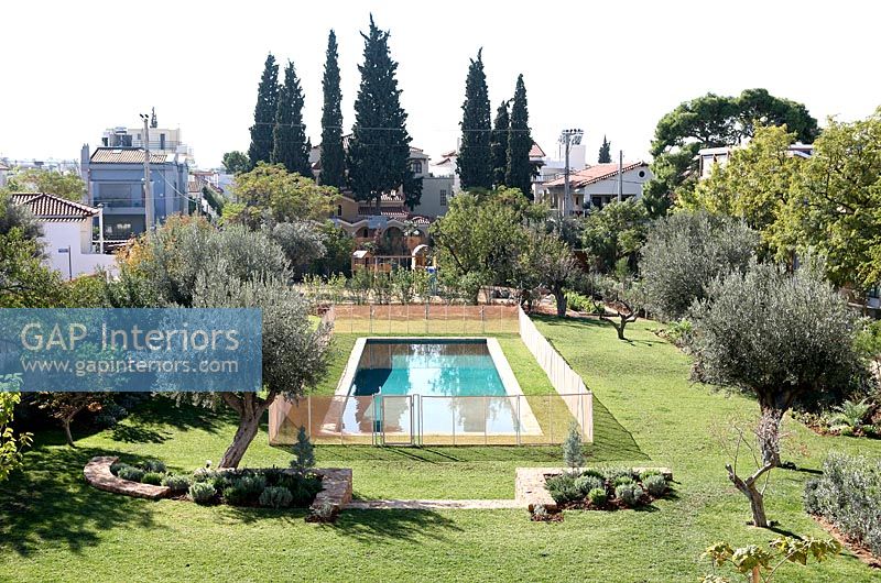 Grand jardin avec piscine et oliviers