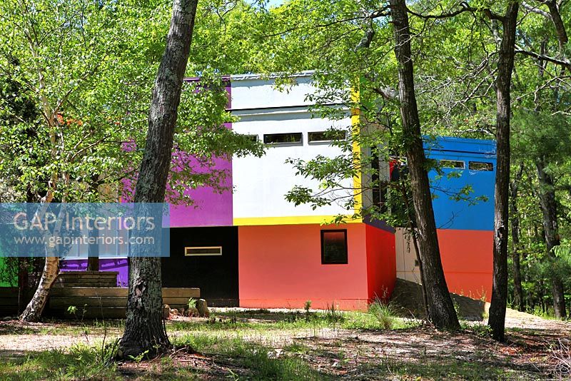 Maison colorée et jardin boisé