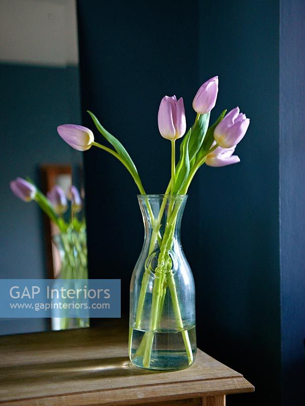 Tulipes roses dans un pichet en verre