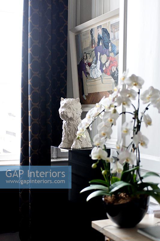 Orchidées blanches et sculpture de Jeff Koons