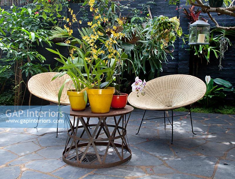 Plantes en pot colorées sur table de patio