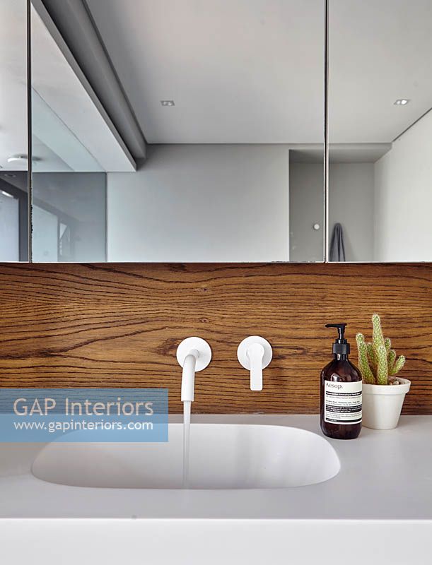 Lavabo de salle de bain moderne avec dosseret en bois