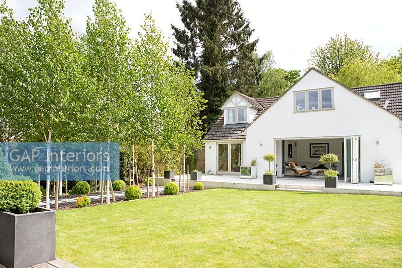 Maison moderne et jardin avec pelouse