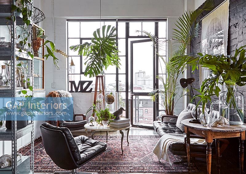 Salon avec mobilier éclectique et plantes d'intérieur
