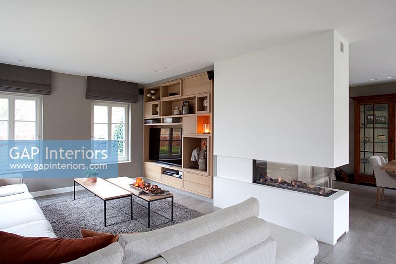 Salon moderne avec mur caractéristique - unité et foyer contemporain