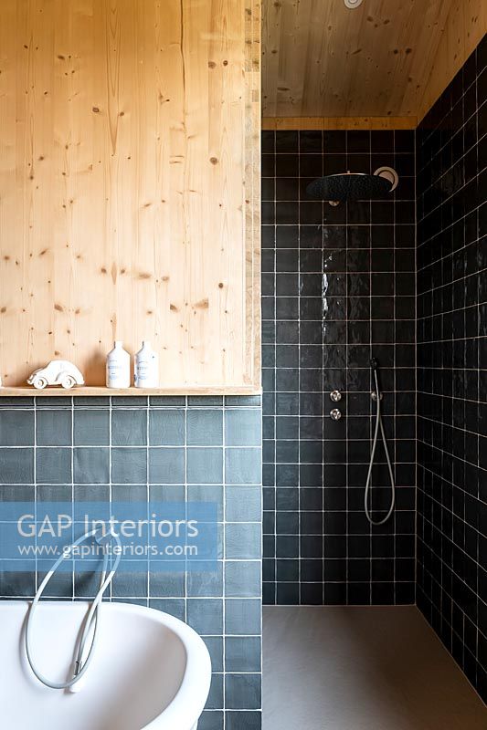 Carrelage noir et revêtement en bois dans la salle de bains moderne