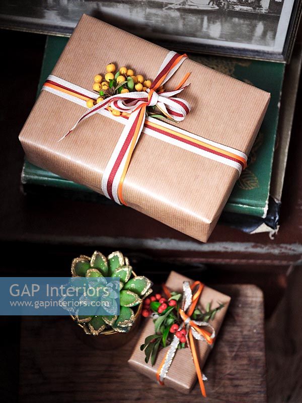 Cadeaux de Noël emballés et petite plante succulente sur table de chevet