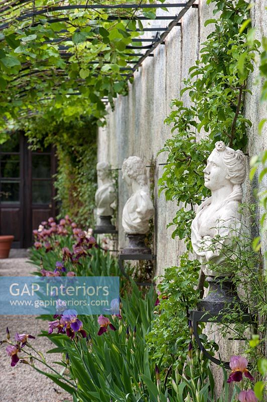 Iris en fleurs et sculptures classiques dans le jardin à la française
