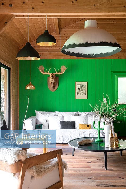 Mur de fonction en bois peint en vert vif dans le salon moderne