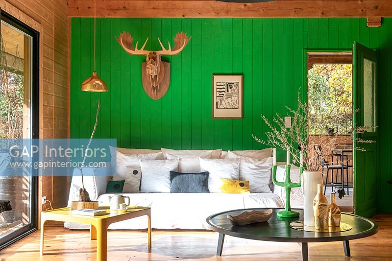 Mur en bois peint en vert vif dans un salon moderne