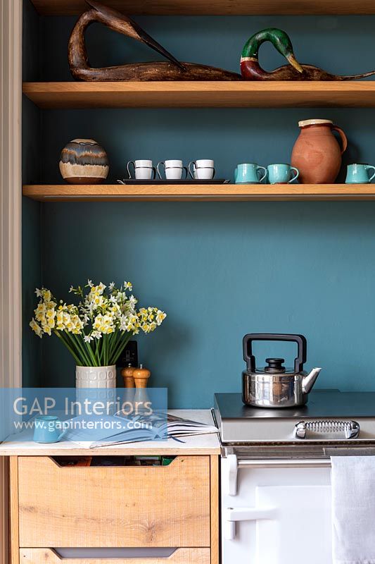 Cuisine moderne avec murs peints en bleu sarcelle et étagères en bois