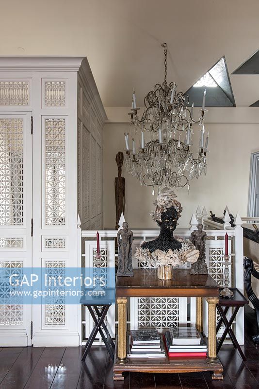 Portes blanches décoratives dans un salon éclectique