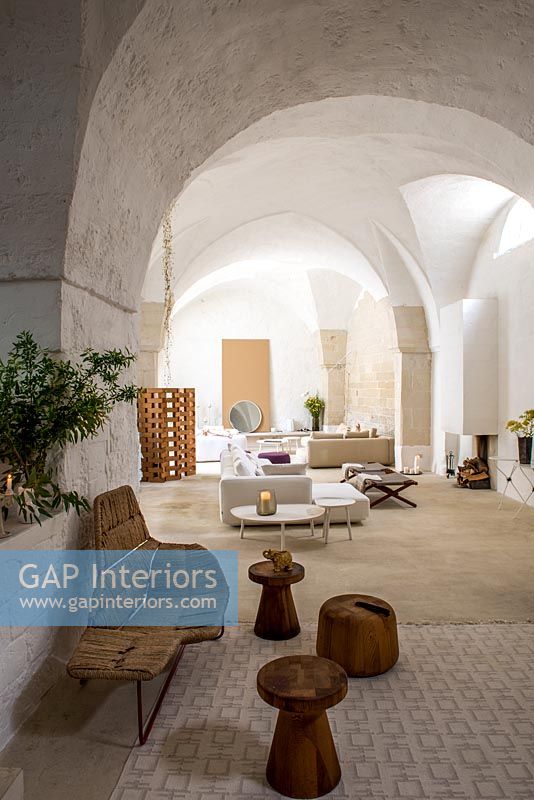 Plafonds voûtés en pierre dans un salon de campagne avec des meubles modernes