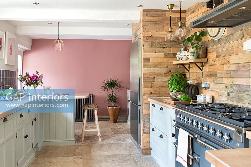 Mur caractéristique peint en rose dans la cuisine de campagne moderne