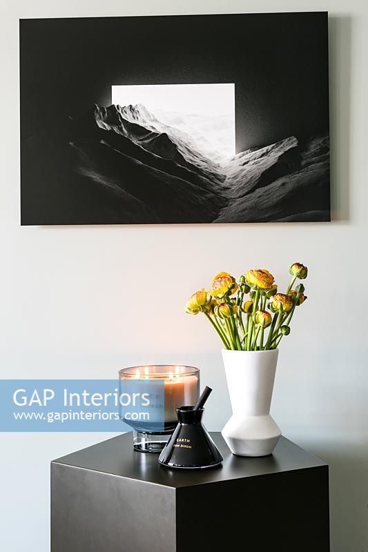 Fleurs sur table d'appoint avec photo en noir et blanc ci-dessus