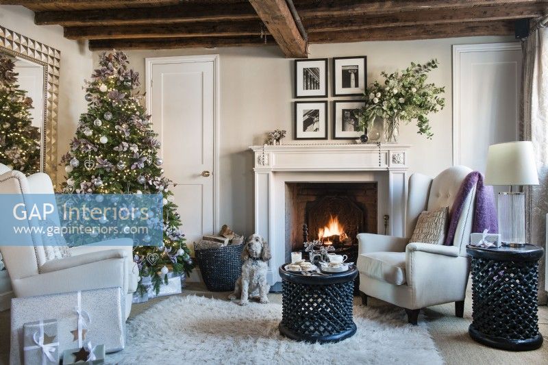 Chien de compagnie à côté d'une cheminée dans un salon décoré pour Noël