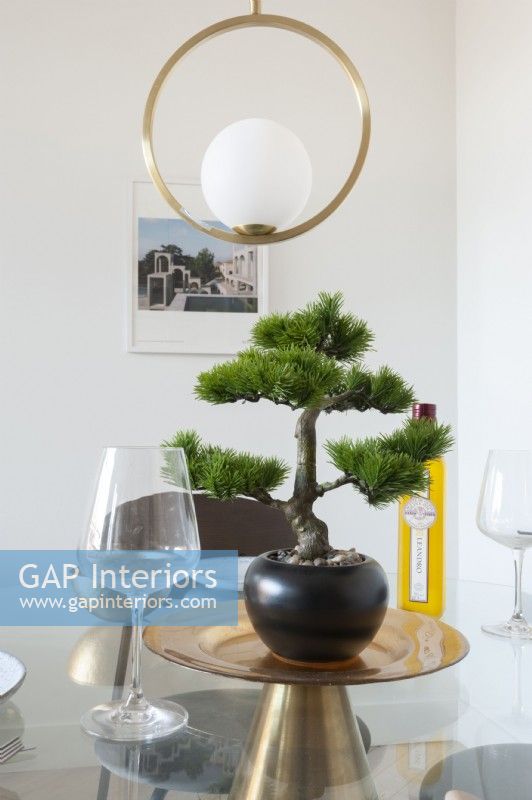 Usine de bonsaï comme pièce maîtresse sur une table de salle à manger en verre