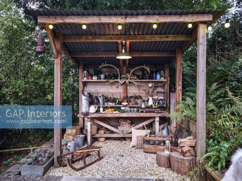 Christmas decorated wooden outdoor kitchen area