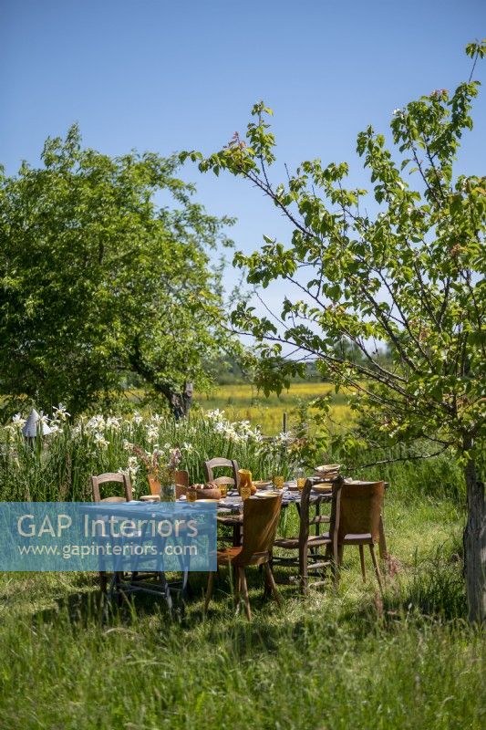 Rustic outdoor dining table and chairs in country garden