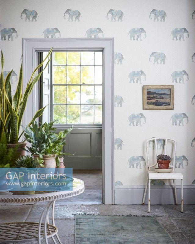 Table with house plants on in room with elephant wallpaper