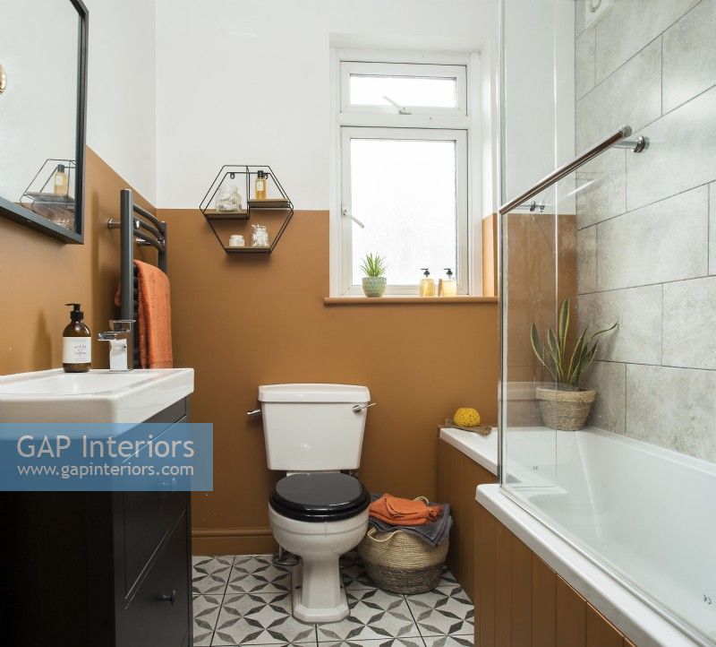 Salle de bain moderne avec des murs peints en brun moutarde