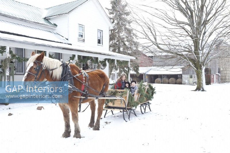 Ferme Amish vintage dans la neige avec mère et enfants en traîneau tiré par un cheval belge.