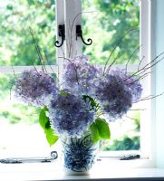 Fenêtre avec affichage floral d'hortensias bleus dans un vase bleu et blanc.