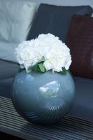 Détail de l'hortensia blanc fleurir dans un vase bleu sphérique.