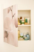 Armoire de rangement cachée derrière une impression sur toile dans la salle de bain