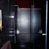 Douche carrelée noire dans une salle de bain moderne