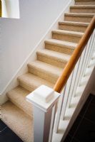 Escalier traditionnel avec bannister en bois et moquette