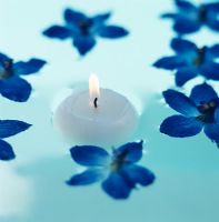 Bougie lumineuse flottant sur l'eau avec des fleurs bleues