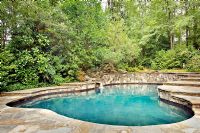 Vue sur piscine avec patio en pierre et verdure