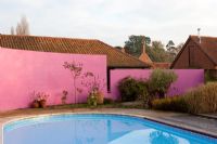 Jardin contemporain avec mur incurvé peint en rose vif