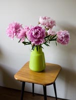 Pivoines roses dans un vase vert lime