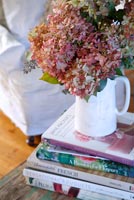 Fleurs d'hortensia en pot blanc