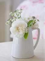 Cruche blanche remplie de roses et de fleurs d'Astrantia