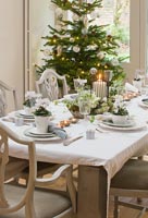 Ensemble de salle à manger pour le repas de Noël avec des cyclamens en pots