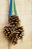 Décorations de Noël faites avec des pommes de pin et un ruban suspendu à une porte en bois