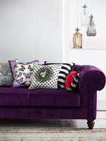 Coussins colorés sur canapé violet