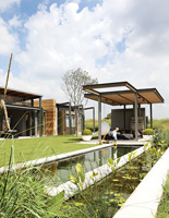 Jardin contemporain avec terrasse couverte
