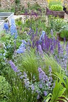 Bordure de jardin colorée avec des fleurs de lavande, de menthe verte et de delphinium