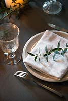 Feuillage d'olive sur une serviette blanche